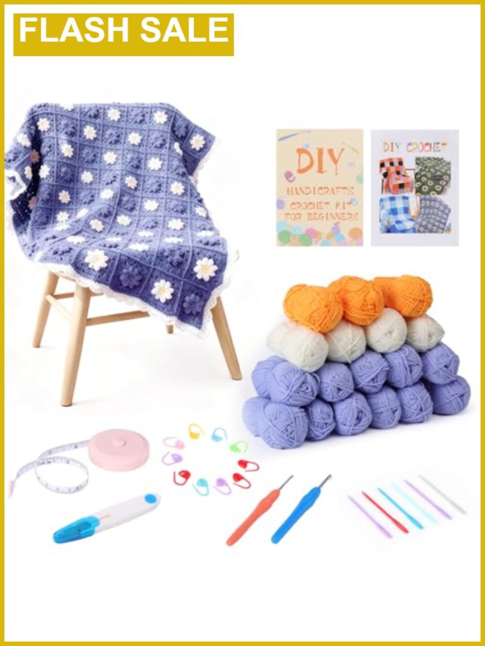 Crochet Daisy Blanket Kit for Beginners with Hooks Yarn Video Tutorials